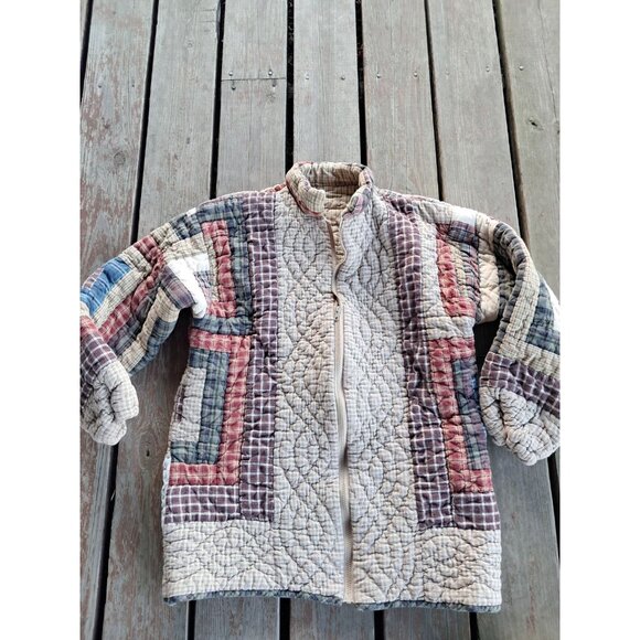 Vintage Patchwork Quilt Coat Womens Medium Boho Browns Jacket Cottage - Picture 1 of 3
